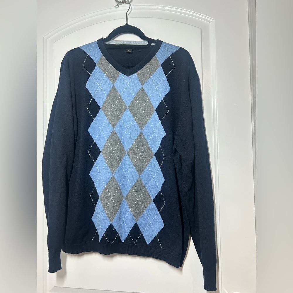 BANANA REPUBLIC Men's Blue Argyle Silk Cashmere V-neck Sweater Size XL preppy